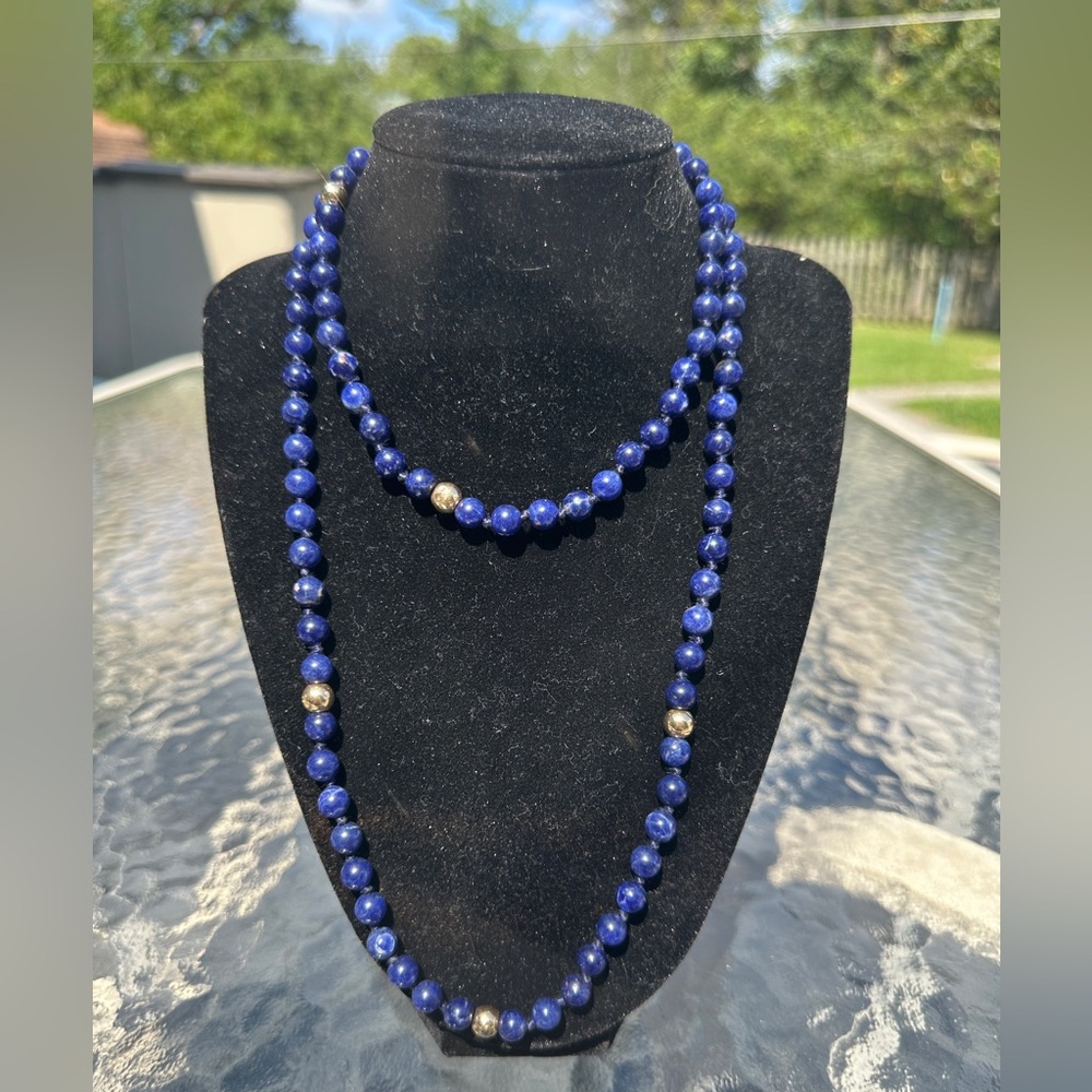 14k Gold Beaded Lapis Necklace